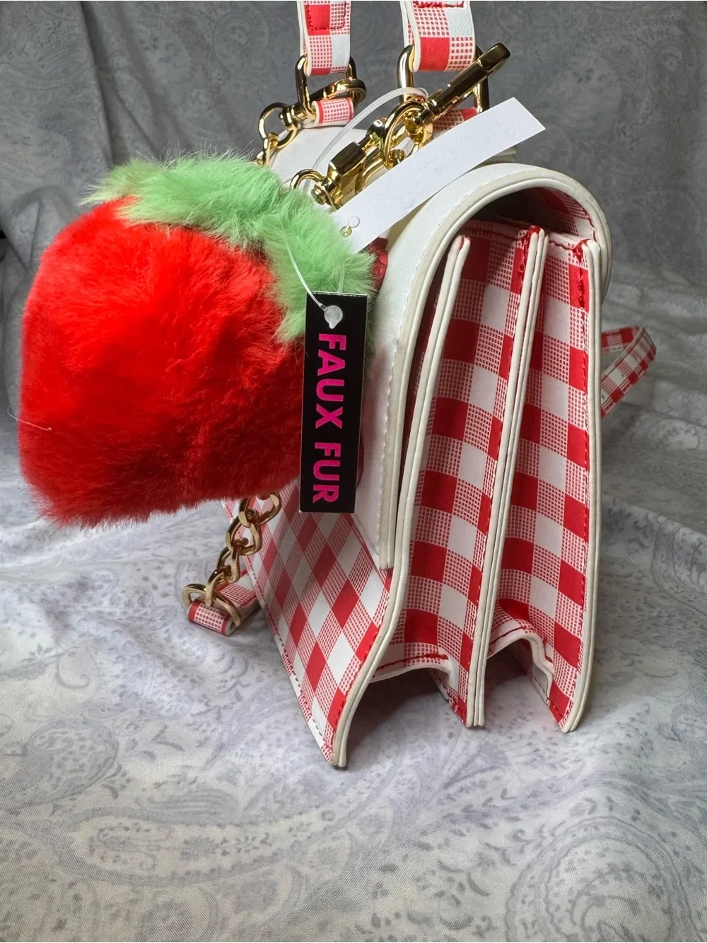 Betsey Johnson White/Red Gingham Strawberry -Handle w/ Removable Crossbody Strap